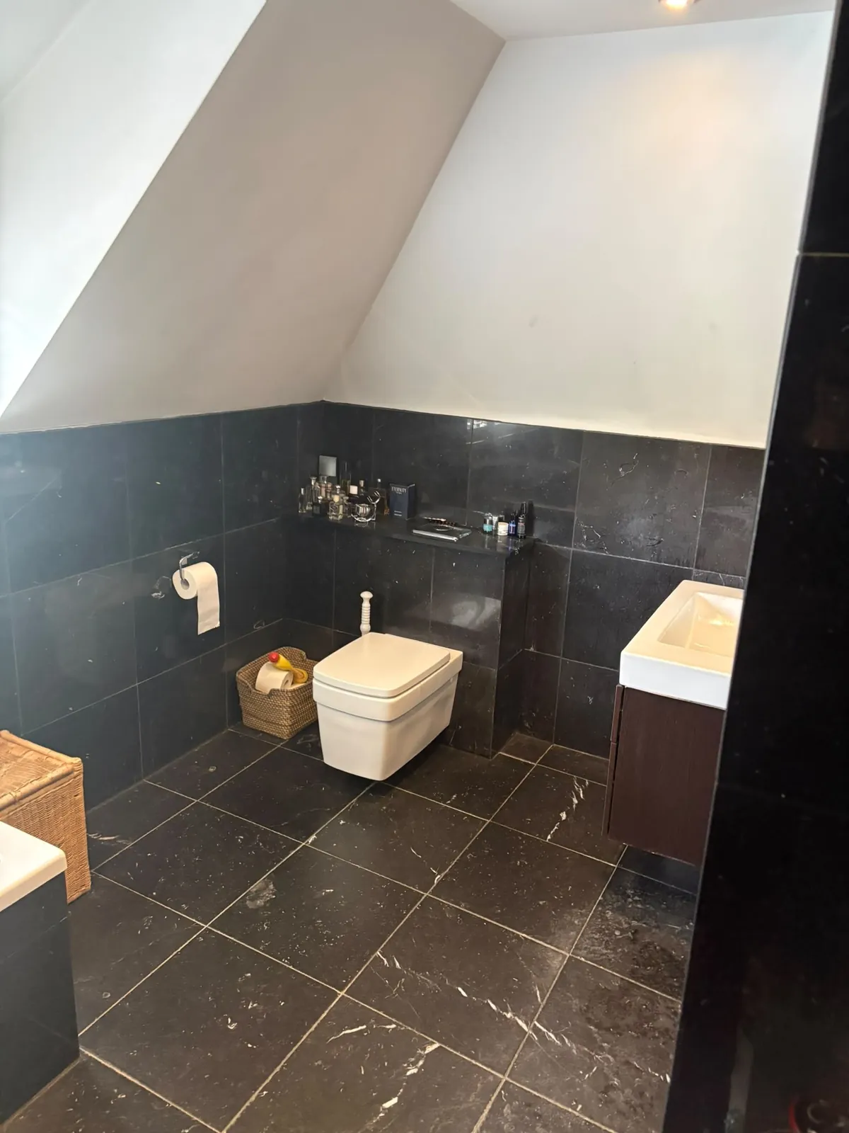 Before: the old black-tiled loft bathroom
