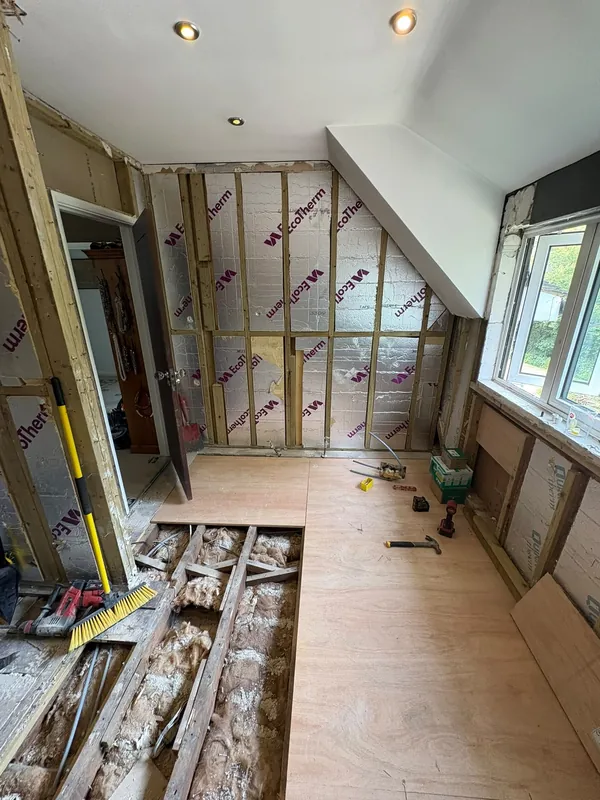 Bathroom stripped back to the studs and joists